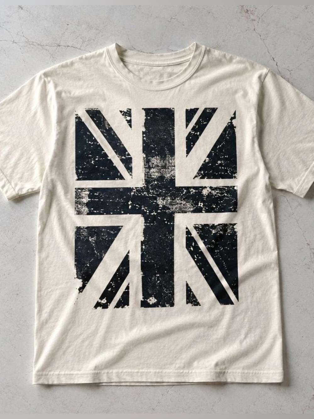 Gildan Cream Uk Flag Tee with Distressed Black Union Jack